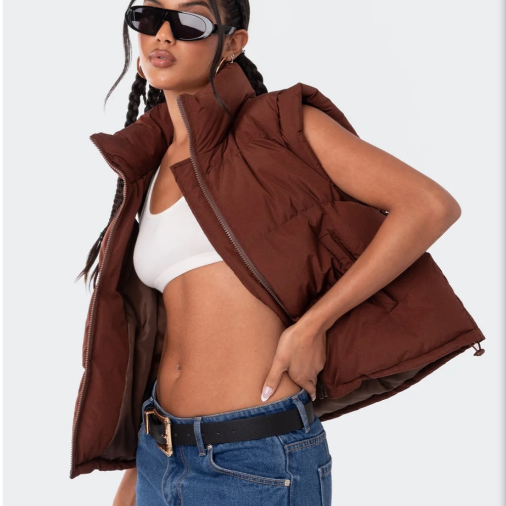Edikted Legacy Oversized Puffer Vest Brown